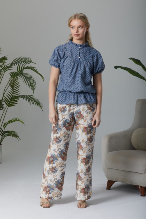 İPEKMOOD Bluz dokuma fisto indigo renk / Pantolon desenli beli lastikli dokuma viskon Takım