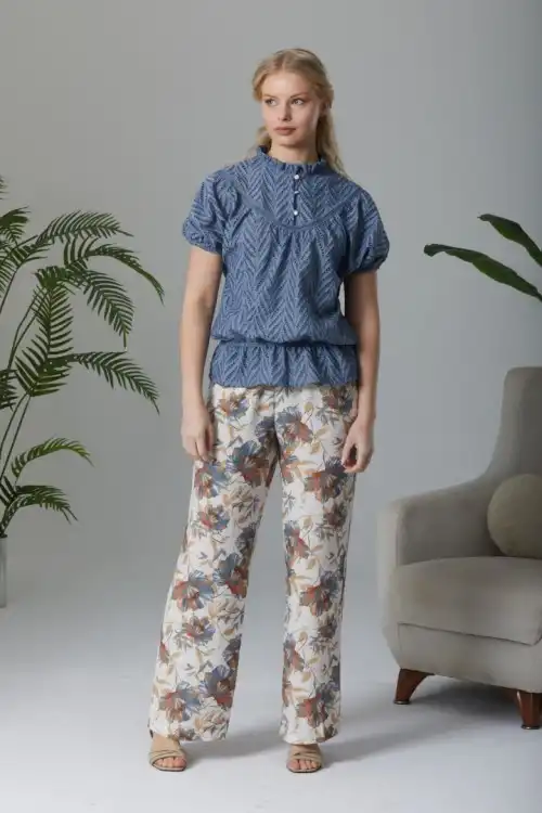 İPEKMOOD Bluz dokuma fisto indigo renk / Pantolon desenli beli lastikli dokuma viskon Takım