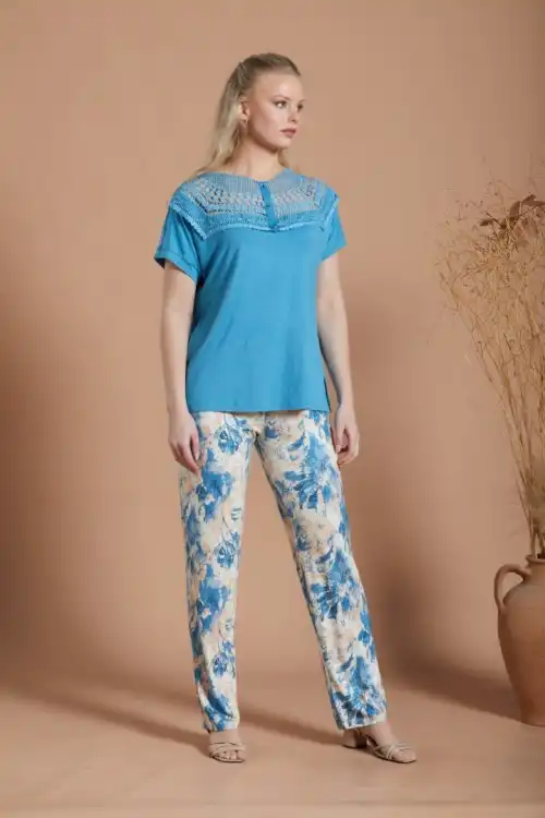 İPEKMOOD yaka dantelli indigo viskon pijama takımı alt üst likralı