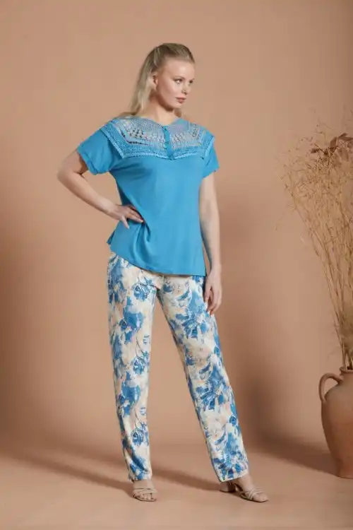 İPEKMOOD yaka dantelli indigo viskon pijama takımı alt üst likralı